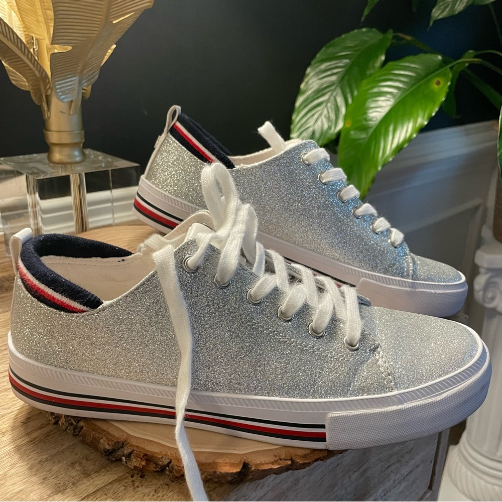 Tommy Hilfiger Silver Navy Glitter Canvas Sneakers